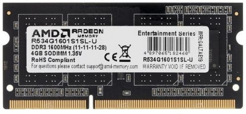   4GB AMD Radeon DDR3L 1600 SO DIMM R5 Entertainment Series Black R534G1601S1SL-U Non-E